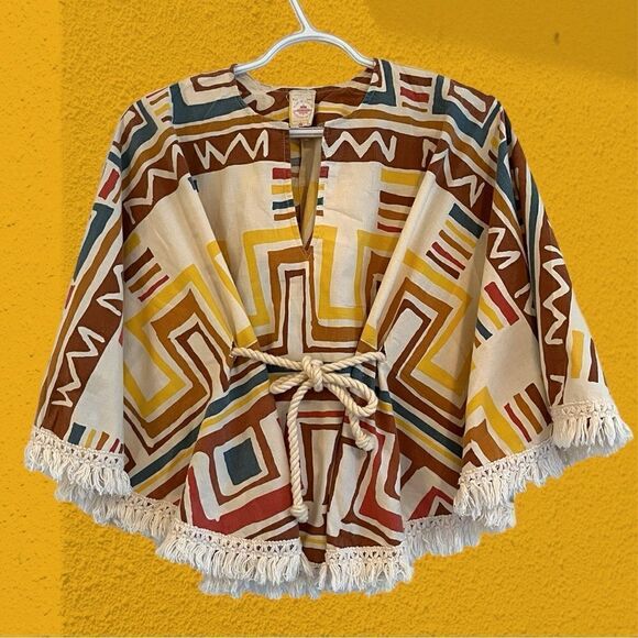 70s vintage true hippie cotton poncho with rope and fringe - Picture 8 of 11